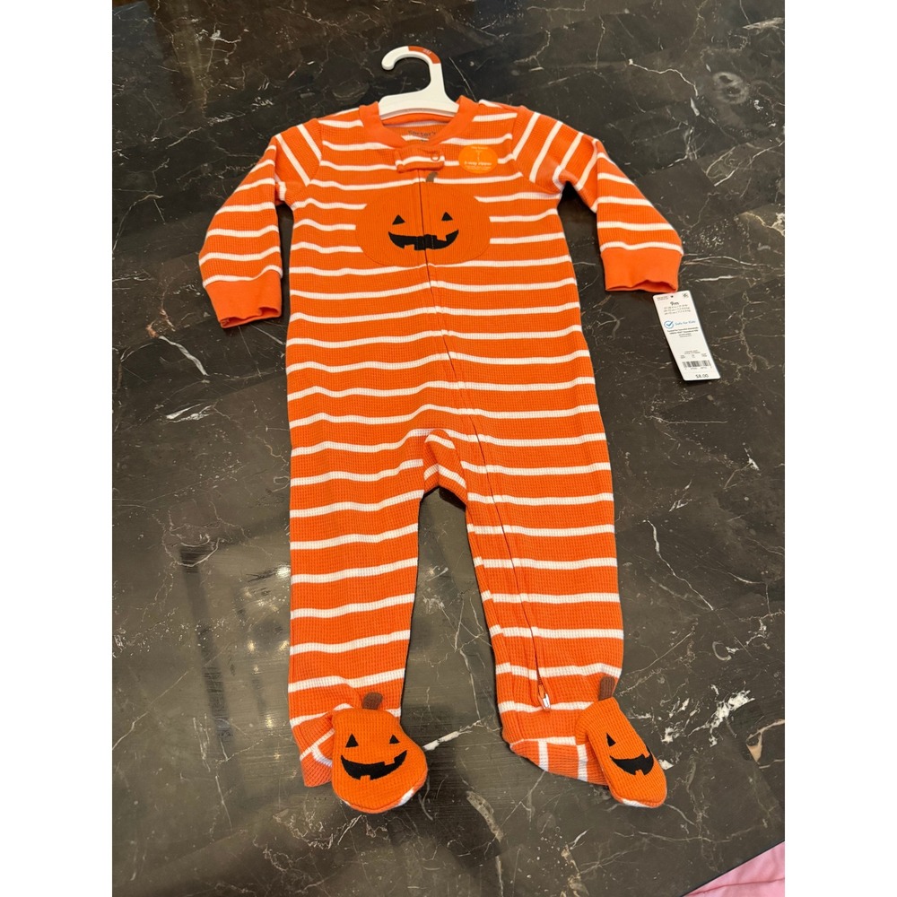 9 M Carters Baby Pumpkin Halloween Footed Pajamas Waffle Knit Sleep Play Orange